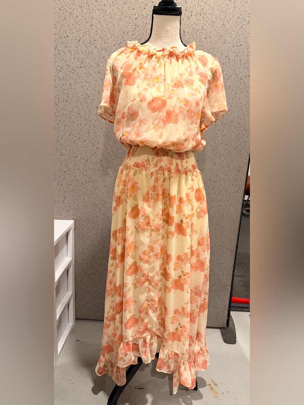 Peach Floral Print Maxi Dress with Defined Waist